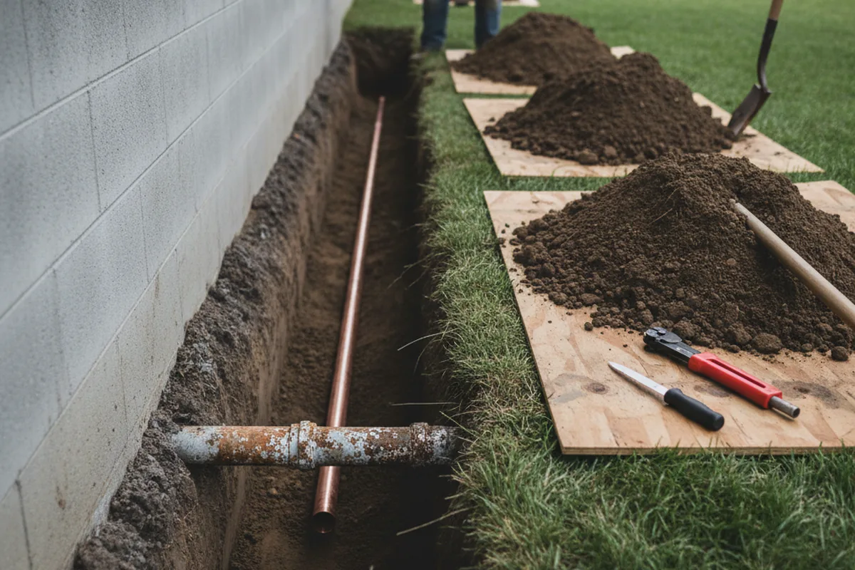 Excavated water line trench during Water Softener Installation in Buckeye Lake